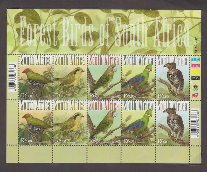 RSA - 2011 Forest Birds of SA - MNH Full Sheet - SACC 2186-2190