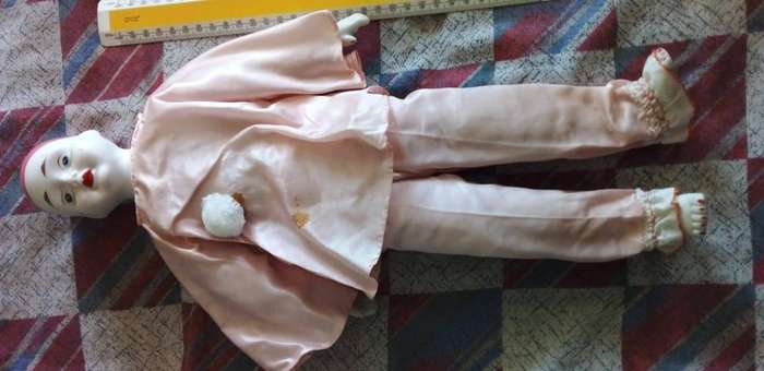 PINK CLOWN OLD PORCELAIN DOLL.