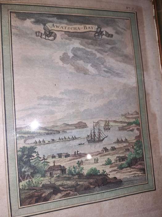 Antique hand coloured print, Awatscha Bay, Kamchatka, Russia