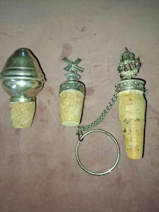 3 x Antique Wine Bottle Cork Stoppers, silver or silver plated