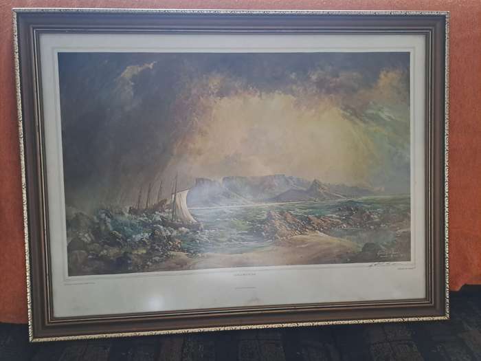 Gabriel de Jongh Lithograph "Table Mountain with Galleon" with original signature in pen