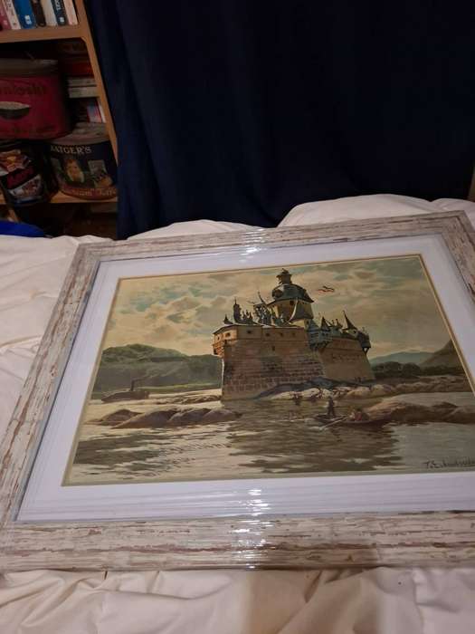 Themistokles von Eckenbrecher print of Pfalgrafenstein Toll castle on Rhine, framed