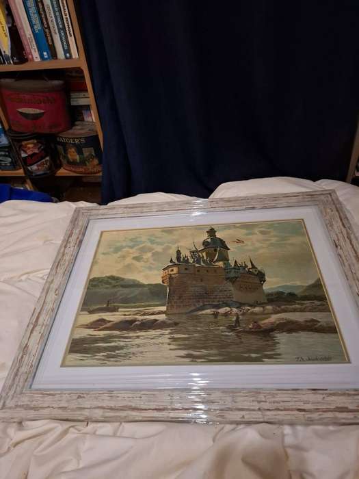 Themistokles von Eckenbrecher print of Pfalgrafenstein Toll castle on Rhine, framed