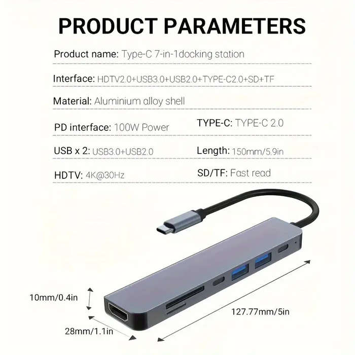 4K HDMI 7 IN 1 USB-C Hub, USB 3.0 Ports, SD/TF Card Reader, Type-C, PD USB HUB USB DOCK