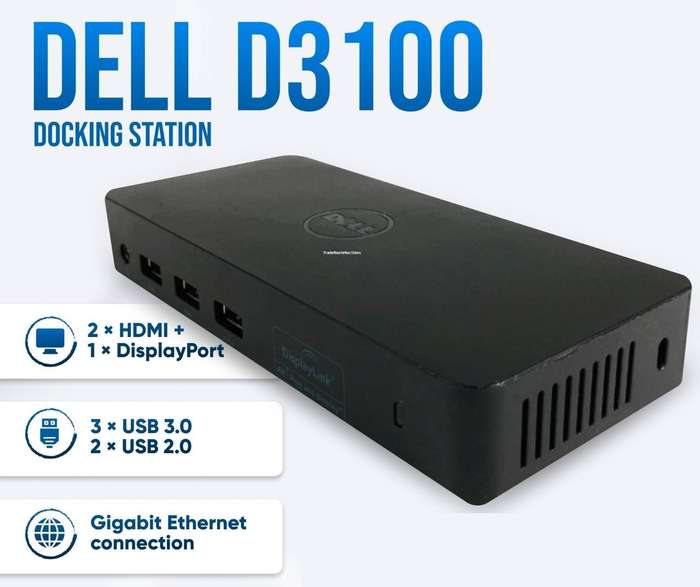 Dell D3100 USB 3.0 Ultra HD/4K Triple Display Docking Station , Black + 45W DELL Charger