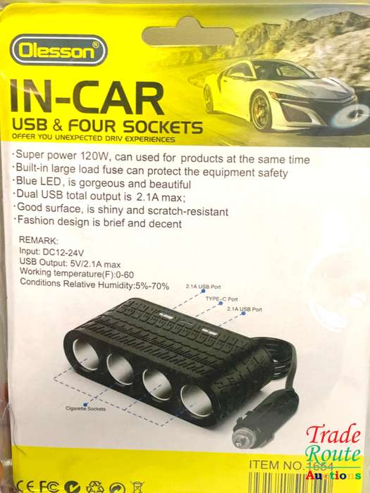 12V / 24V 1-to-4 Car Cigarette Lighter Sockets Adapter With 2x USB and Type-C Charging Ports