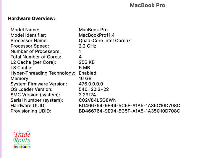 Apple MacBook Pro 15.4-inch  | Core i7 2.2GHz | 16GB RAM | 256GB SSD MID 2015 ** RETINA DISPLAY **