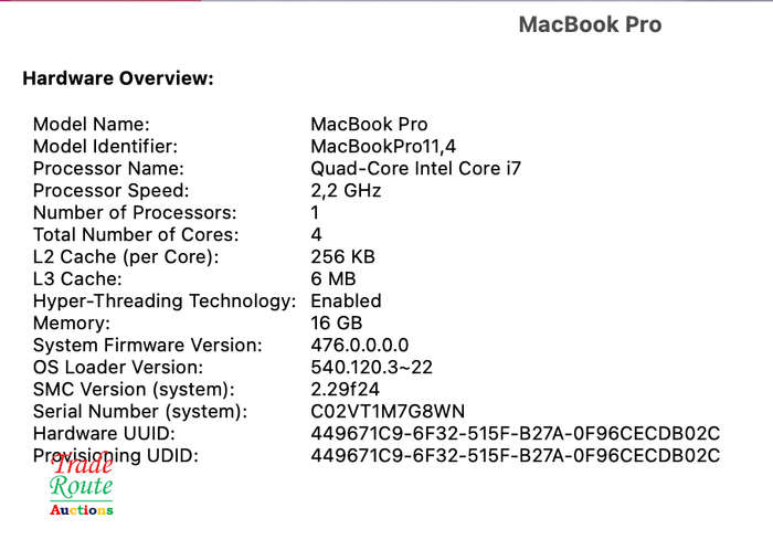 Apple MacBook Pro 15.4-inch  | Core i7 2.2GHz | 16GB RAM | 256GB SSD MID 2015 **  MAC OS Monterey **