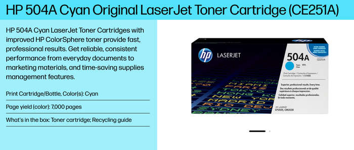 HP 504A Cyan Original LaserJet Toner Cartridge (CE251A)