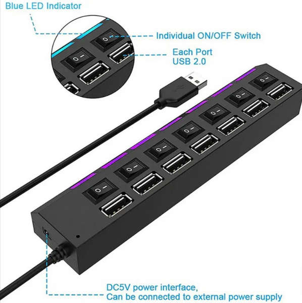 7-Port Usb 2.0 Hub With Led Light Indicator & Individual Switch - White