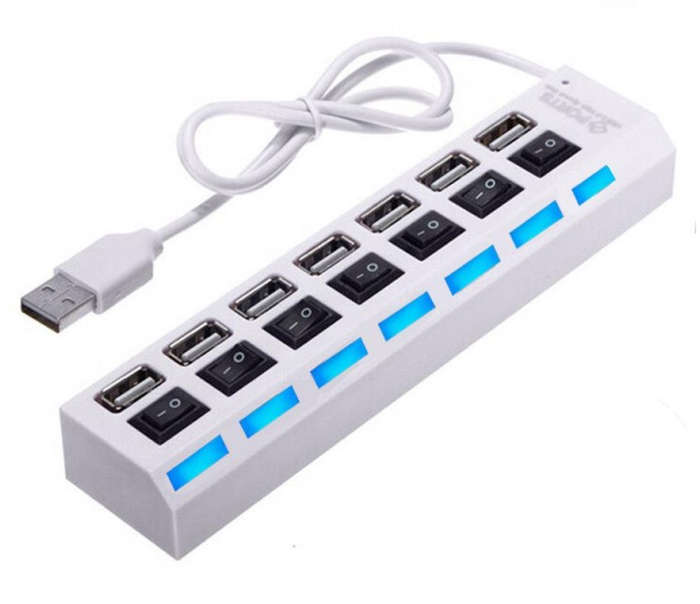 7-Port Usb 2.0 Hub With Led Light Indicator & Individual Switch - White