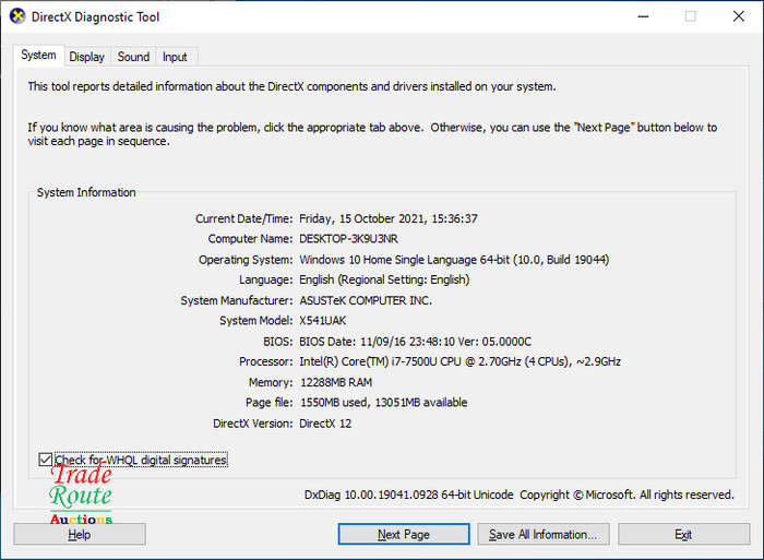 ASUS X541UAK 15.6inch FULL HD LAPTOP | CORE i7 7500U 7th Gen 2.9GHZ | 12GB RAM | 120GB SSD