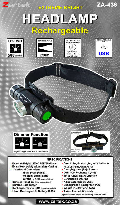 ZA-436 USB RECHARGEABLE HEADLAMP 500LM
