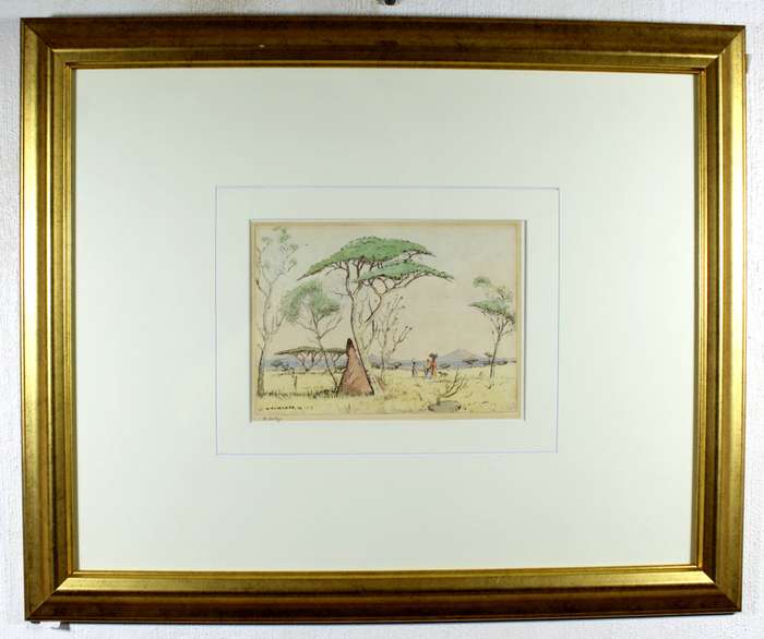 WH Coetzer - Figures in a landscape etching