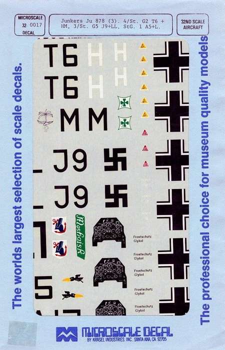 Junkers Ju 87B (3) ,4/St , G2 T6 + HM 3/St G5 J9+LL Stg , 1 A5+l 1/32 Microscale Decals 32-0017