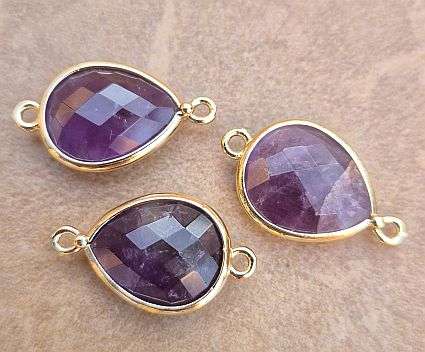 *Clearance Sale*1pc Natural /  Amethyst / Faceted Drop  Link / Connector / Gold Tone/ ( +/-22x12mm)