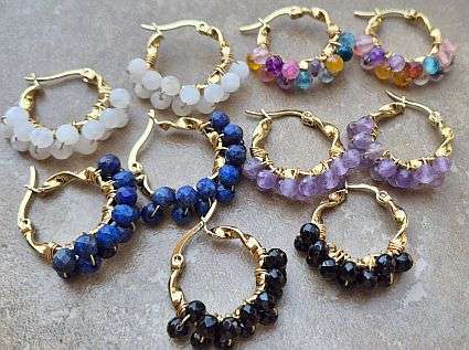 5 Pairs Natural Gemstone / Round Faceted  /  Twisted  Stainless Steel Hoop Earings / Gold Tone