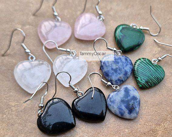 5 Pairs Assorted Natural / Synthetic Gemstone  /  Heart Shape  Earring Hooks / Silver Tone