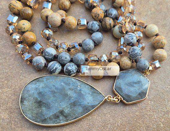 1 Pc Natural Labradorite Pendant / Gemstone & Glass Bead Necklace /  +/-84 cm