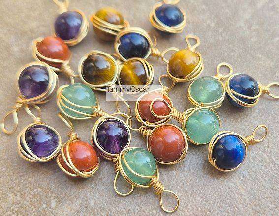 20pc  Natural / Gemstone / Gold Plated Wire Wrapped  /  Round Bead  /Charms / Bid Per Charm