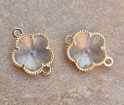 1pc  Clear Glass  / Flower / Gold Tone / Alloy  / Link / Connector+/-15x12mm