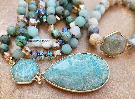 Set / Natural Amazonite Pendant / Gemstone & Glass Bead Necklace  &  Stretch Bracelet