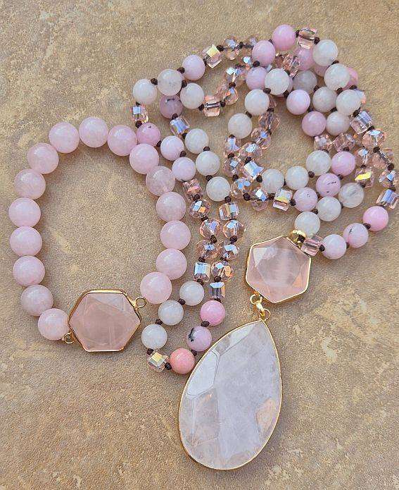 Set / Natural Rose Quartz Pendant / Gemstone & Glass Bead Necklace  &  Stretch Bracelet