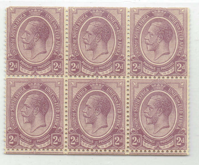 1922 Union of S A 2d BL No. 5 Pane x 6 Btm + top Imf MNH wmk inv 2 2d panes /BL CV R25000  Full BL