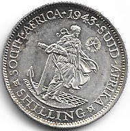 1943 UNION of S A 1 shilling 80% sijver in A UNC grade