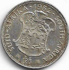 1952 UNION of S A 2 shillings 80% silver in AU grade