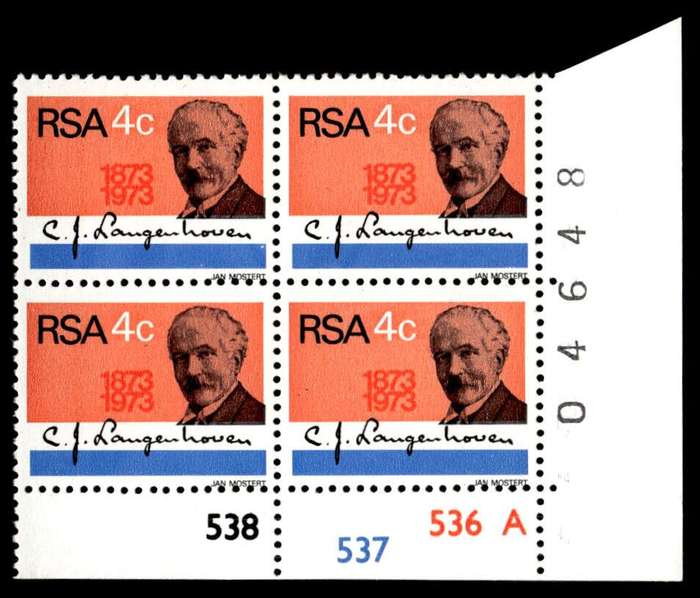 RSA 1973/08/01 Birth Centenary of C.J. Langenhoven Composer of the National Anthem 4c Control Blocks