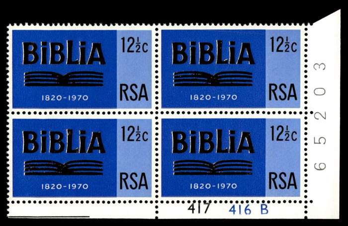 RSA 1970/08/24 150th Anniversary of Bible Society Wmk R.S.A 12½c Control Blocks Pane B