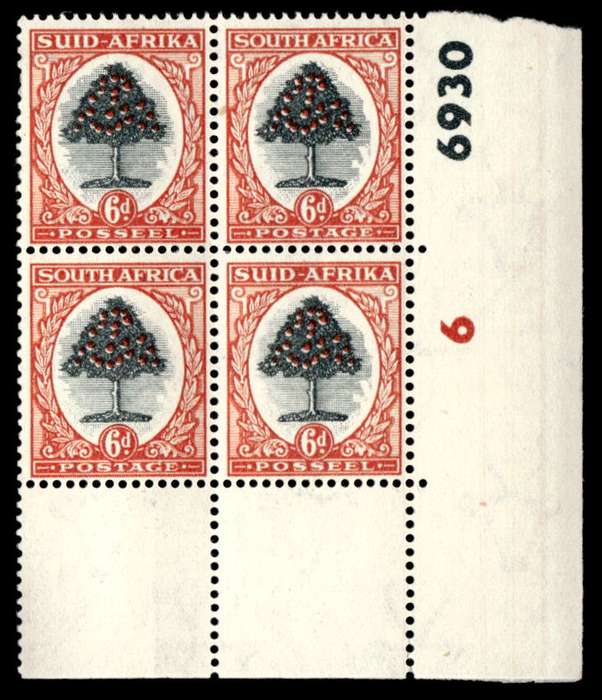RSA 1951 Definitive Issue 6d Cyl. No 6 6930  Wmk Springbok Head