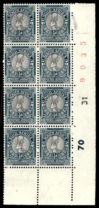RSA 1947 Definitive Issue ½d Cyl No 70 31 Wmk Springbok Head *8 stamps