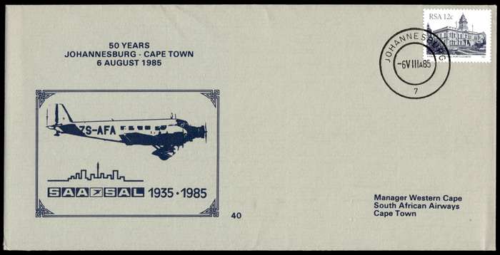 1985 RSA SAA 50 Years JHB- CT Commemorative Cover 40