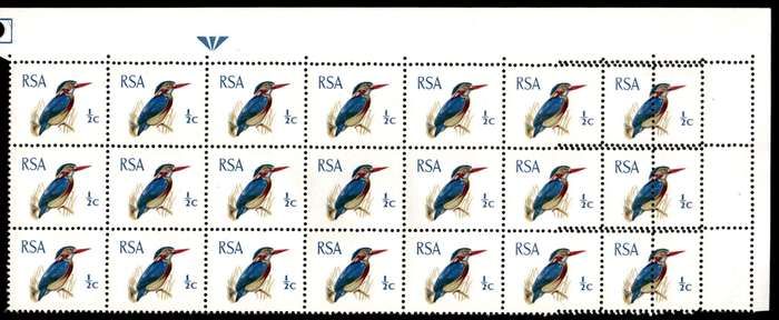 RSA 1970/01 Definitive Issue ½c Perforation Shift *Wmk R.S.A. t-b Swiss 5mm Arrow block/Punch 21 sta