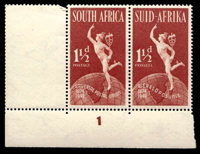 RSA 1949/10/01 75th Anniversary of Universal Postal Union 1½d Cyl. No 1 Wmk MSH