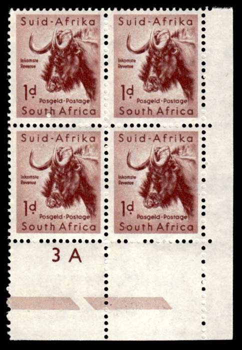 RSA 1954/10/14 Definitive issue 1d Black Wildebeest Cyl No. 3A Wmk COA