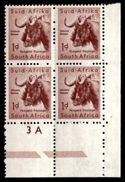 RSA 1954/10/14 Definitive issue 1d Black Wildebeest Cyl No. 3A Wmk COA