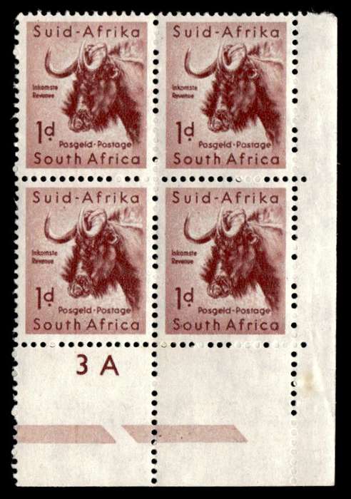 RSA 1954/10/14 Definitive issue 1d Black Wildebeest Cyl No. 3A Wmk COA