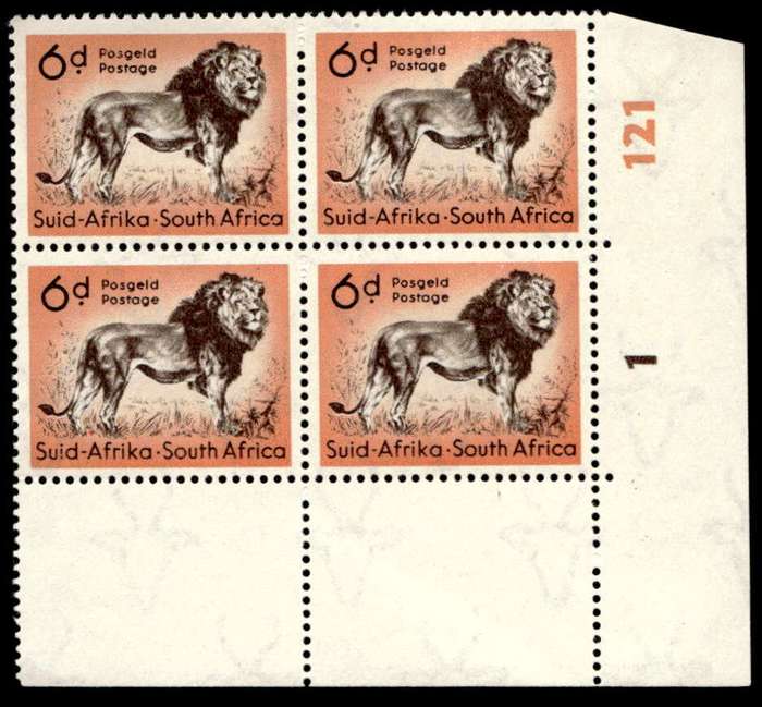 RSA 1954/10/14 Definitive issue 6d Lion Cyl No. 1 121 Wmk MSH
