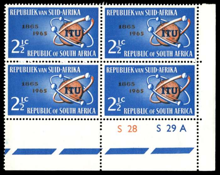 RSA 1965/05/17 I.T.U. Centenary emblem and satellites 2½c Cyl. No S28 S29A