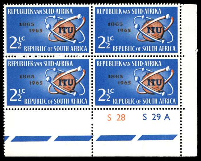 RSA 1965/05/17 I.T.U. Centenary emblem and satellites 2½c Cyl. No S28 S29A