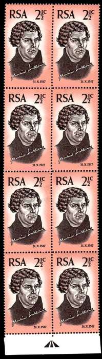 RSA 1967/10/31 450th Anniversary of Reformation 2½c *8 stamps Arrow block