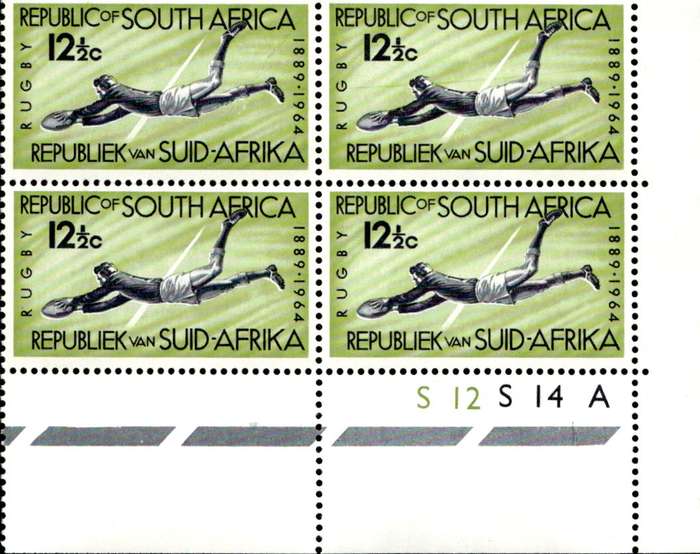 RSA 1964/05/08 75th Anniversary of S.A. Rugby Board 12½c Cyl. No S12 S14A