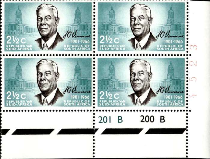 RSA 1966/12/06 Verwoerd Commemoration 2½c Cyl No 201 200B