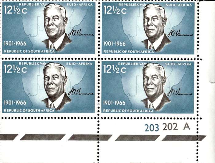 RSA 1966/12/06 Verwoerd Commemoration 12½c Cyl No 203 202A