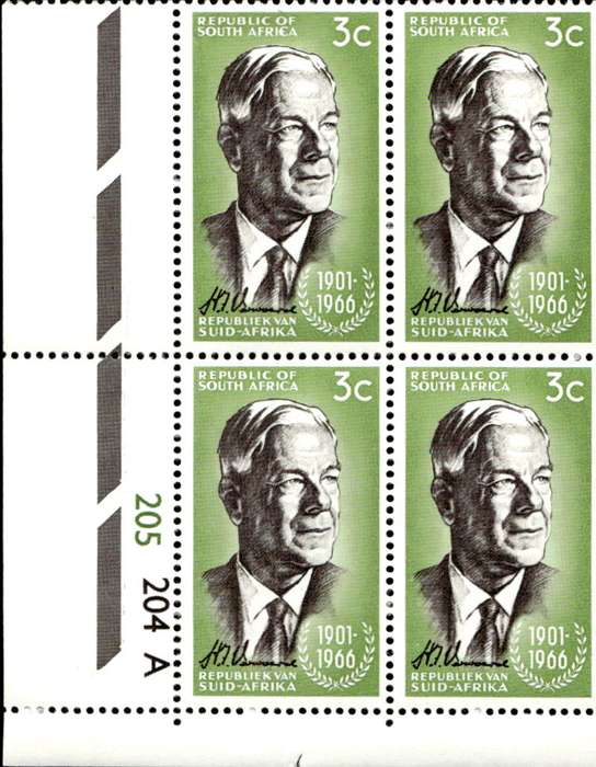 RSA 1966/12/06 Verwoerd Commemoration 3c Cyl No 205 204A