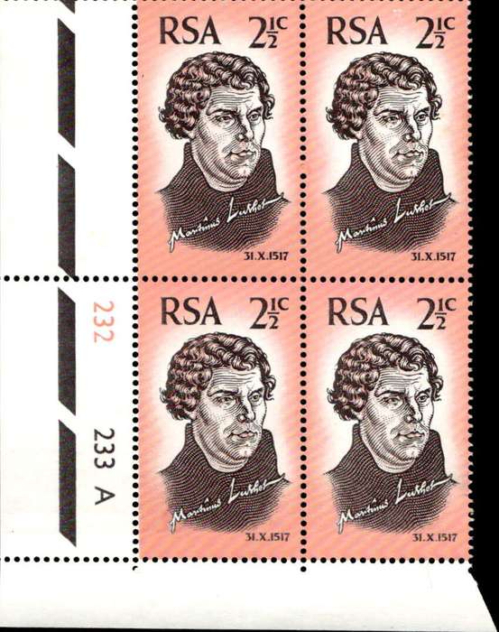 RSA 1967/10/31 450th Anniversary of Reformation 2½c Cyl No 232 233A