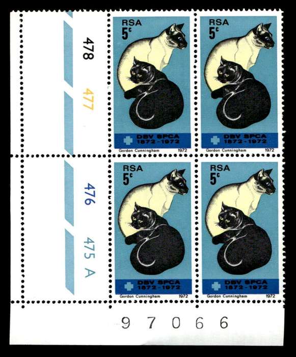 RSA 1972/09/19 Centenary of the S.P.C.A. 5c Cyl No 478 477 476 475A